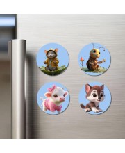 Mouse, Cricket, Calf, Wolf Fridge Magnets 4 Piece Set | 3 Inch Round Wall Fridge Decor (F23163)
