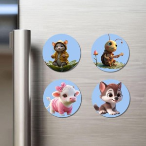 Mouse, Cricket, Calf, Wolf Fridge Magnets 4 Piece Set | 3 Inch Round Wall Fridge Decor (F23163)