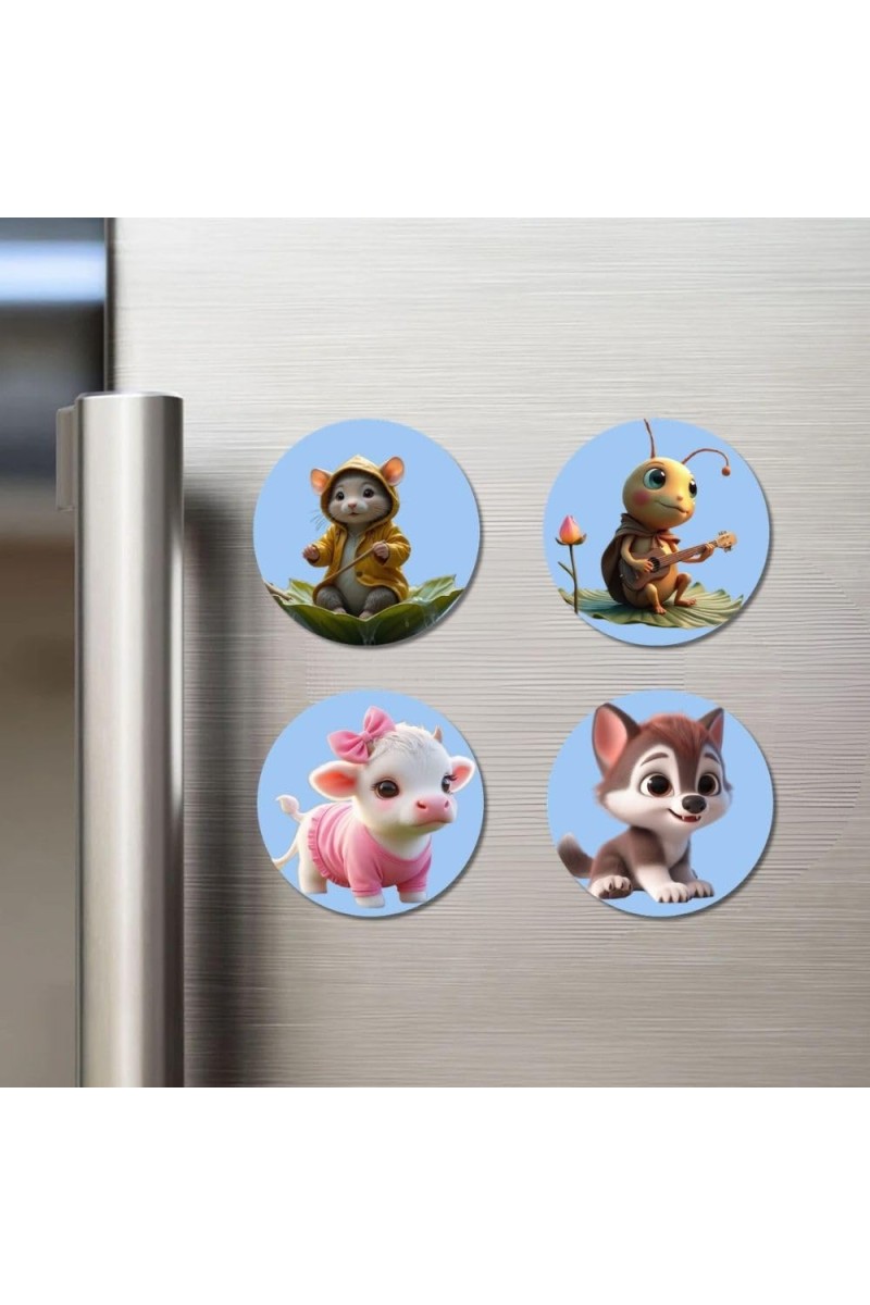 Mouse, Cricket, Calf, Wolf Fridge Magnets 4 Piece Set | 3 Inch Round Wall Fridge Decor (F23163)