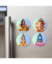 Durga, Ganesha, Rama, and Vishnu. Fridge Magnets 4 Piece Set | 3 Inch Round Wall Fridge Decor (F22788)