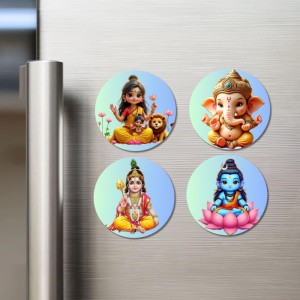 Durga, Ganesha, Rama, and Vishnu. Fridge Magnets 4 Piece Set | 3 Inch Round Wall Fridge Decor (F22788)
