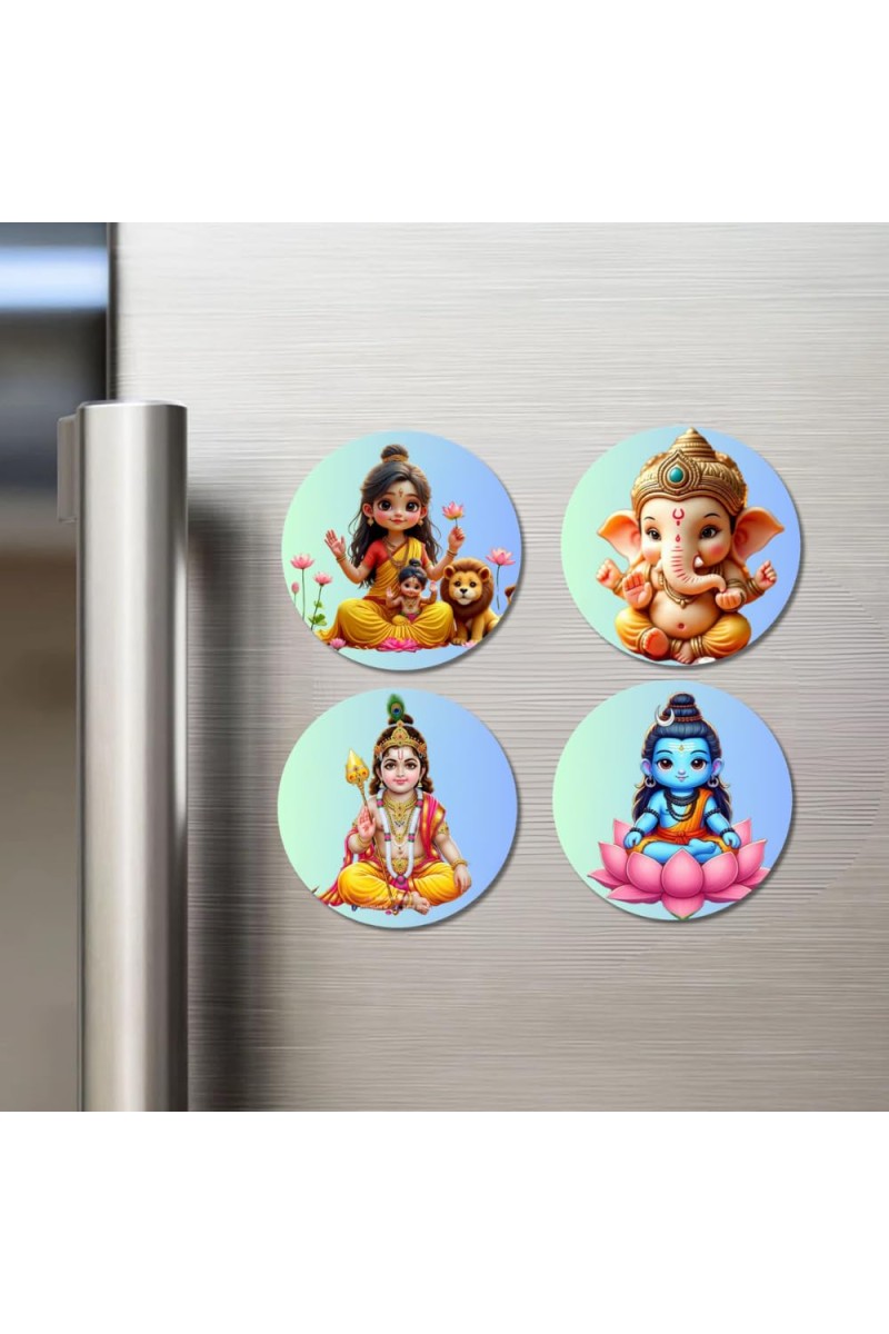 Durga, Ganesha, Rama, and Vishnu. Fridge Magnets 4 Piece Set | 3 Inch Round Wall Fridge Decor (F22788)