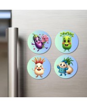 Brinjal, Celery, Garlic, Onion Fridge Magnets 4 Piece Set | 3 Inch Round Wall Fridge Decor (F23337)