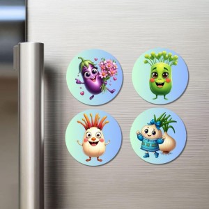 Brinjal, Celery, Garlic, Onion Fridge Magnets 4 Piece Set | 3 Inch Round Wall Fridge Decor (F23337)