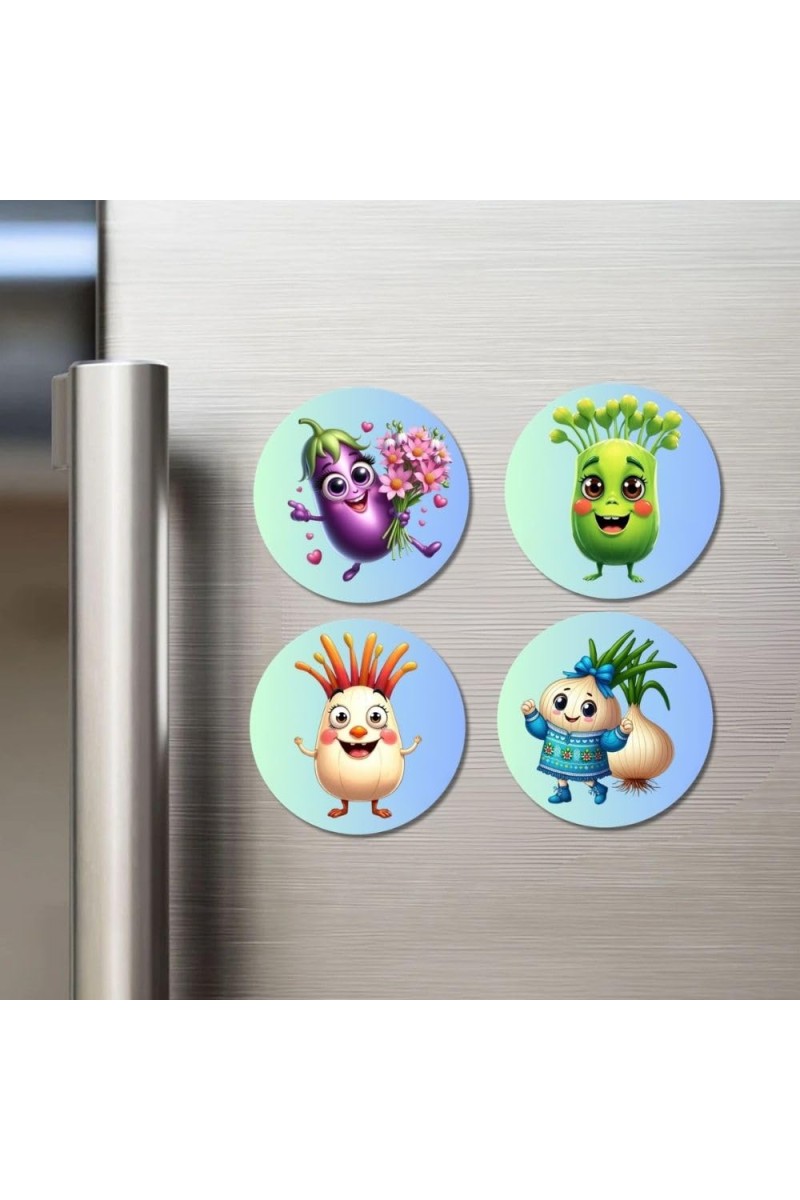 Brinjal, Celery, Garlic, Onion Fridge Magnets 4 Piece Set | 3 Inch Round Wall Fridge Decor (F23337)