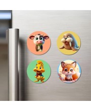 Cow, Walrus, Duck, and Fox. Fridge Magnets 4 Piece Set | 3 Inch Round Wall Fridge Decor (F22952)
