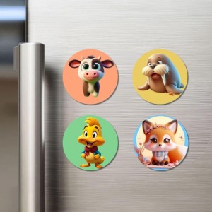 Cow, Walrus, Duck, and Fox. Fridge Magnets 4 Piece Set | 3 Inch Round Wall Fridge Decor (F22952)