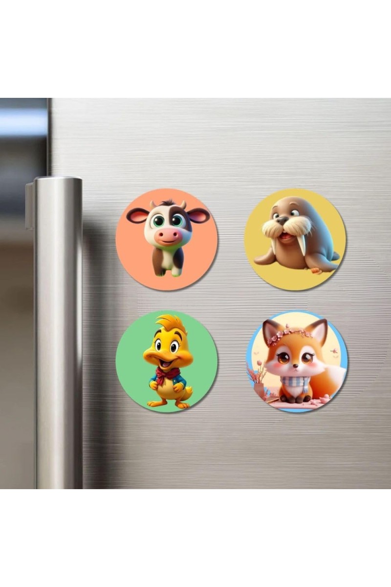 Cow, Walrus, Duck, and Fox. Fridge Magnets 4 Piece Set | 3 Inch Round Wall Fridge Decor (F22952)