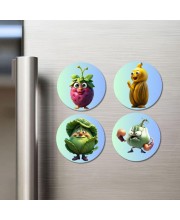 Strawberry, Sapota, Cabbage, Garlic Fridge Magnets 4 Piece Set | 3 Inch Round Wall Fridge Decor (F23332)