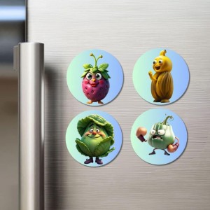 Strawberry, Sapota, Cabbage, Garlic Fridge Magnets 4 Piece Set | 3 Inch Round Wall Fridge Decor (F23332)