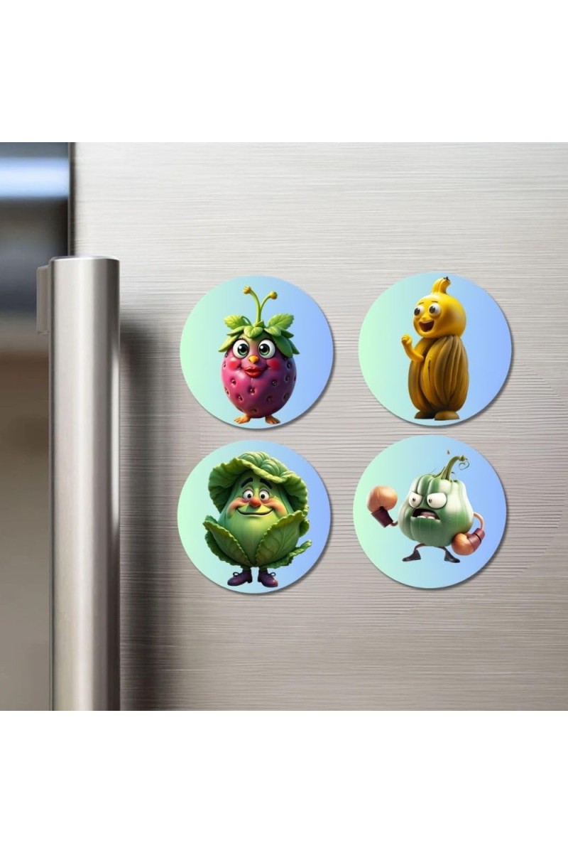 Strawberry, Sapota, Cabbage, Garlic Fridge Magnets 4 Piece Set | 3 Inch Round Wall Fridge Decor (F23332)
