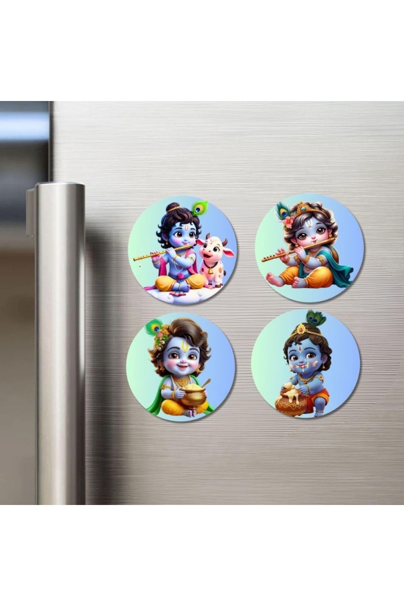 Krishna Fridge Magnets 4 Piece Set | 3 Inch Round Wall Fridge Decor (F23216)