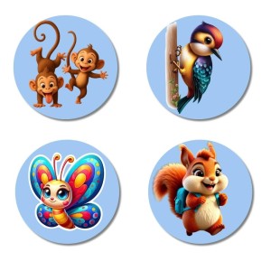 Monkeys, Woodpecker, Butterfly, and Squirrel. Fridge Magnets 4 Piece Set | 3 Inch Round Wall Fridge Decor (F23079) Monkeys, Woodpecker, Butterfly, and Squirrel. Fridge Magnets 4 Piece Set | 3 Inch Round Wall Fridge Decor (F23079)