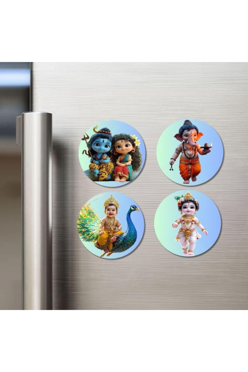 Shiva, Shakti, Ganesha, Kartikeya, and Krishna. Fridge Magnets 4 Piece Set | 3 Inch Round Wall Fridge Decor (F23197)