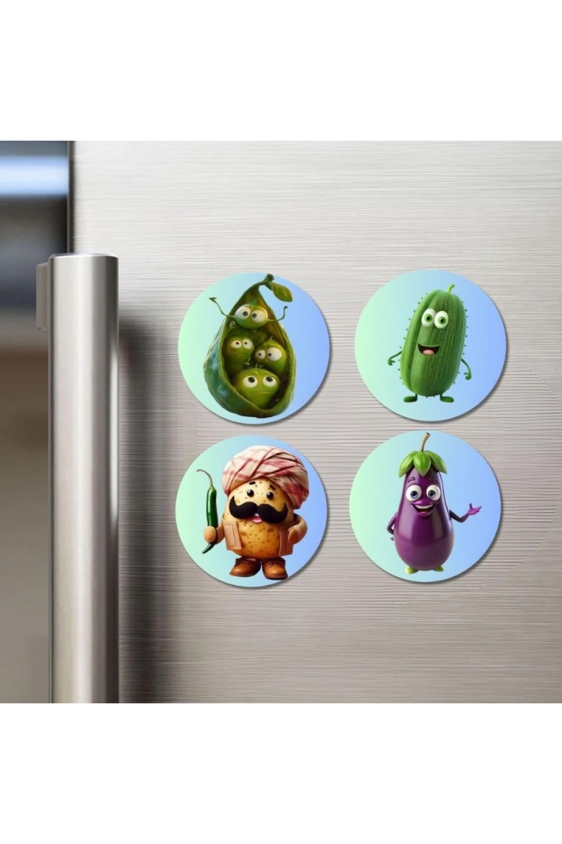 Peas, Cucumber, Potato, Eggplant Fridge Magnets 4 Piece Set | 3 Inch Round Wall Fridge Decor (F23301)