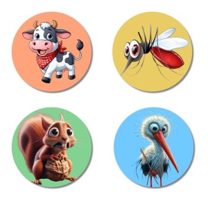 Cow, Mosquito, Squirrel, and Stork. Fridge Magnets 4 Piece Set | 3 Inch Round Wall Fridge Decor (F23006)