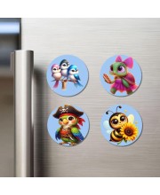 Birds, Turtle, Parrot, and Bee., Cow, Deer, and Panda. Fridge Magnets 4 Piece Set | 3 Inch Round Wall Fridge Decor (F23070)