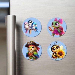 Birds, Turtle, Parrot, and Bee., Cow, Deer, and Panda. Fridge Magnets 4 Piece Set | 3 Inch Round Wall Fridge Decor (F23070)