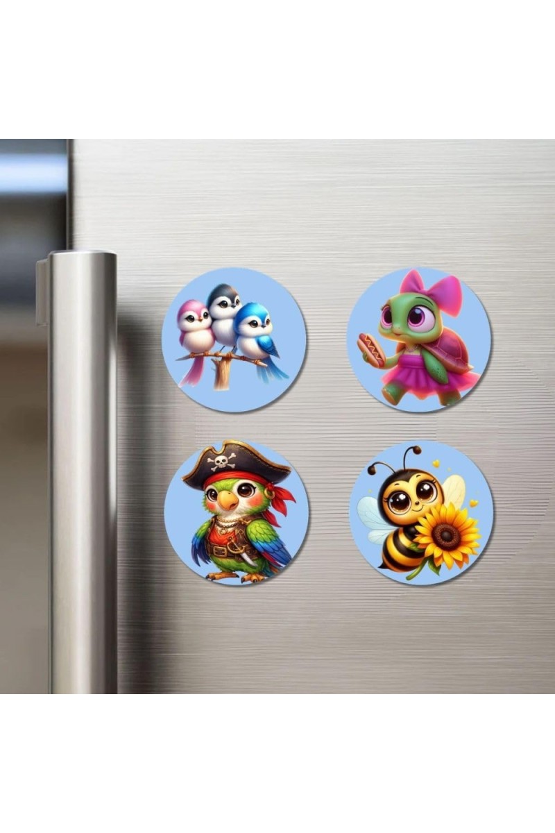 Birds, Turtle, Parrot, and Bee., Cow, Deer, and Panda. Fridge Magnets 4 Piece Set | 3 Inch Round Wall Fridge Decor (F23070)