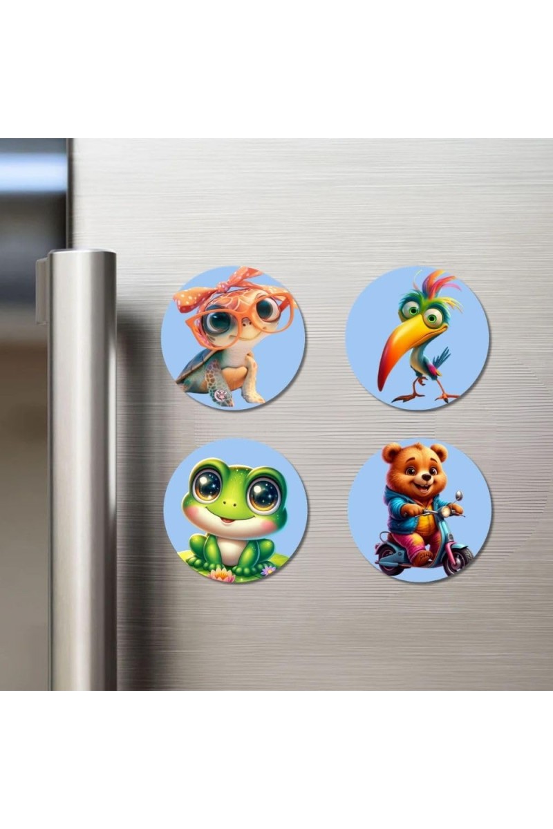 Turtle, Woodpecker, Frog, Bear Fridge Magnets 4 Piece Set | 3 Inch Round Wall Fridge Decor (F23165)