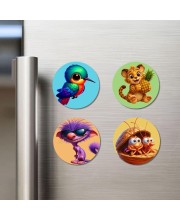 Hummingbird, Leopard, Purple Creature, and Hermit Crabs. Fridge Magnets 4 Piece Set | 3 Inch Round Wall Fridge Decor (F22937)
