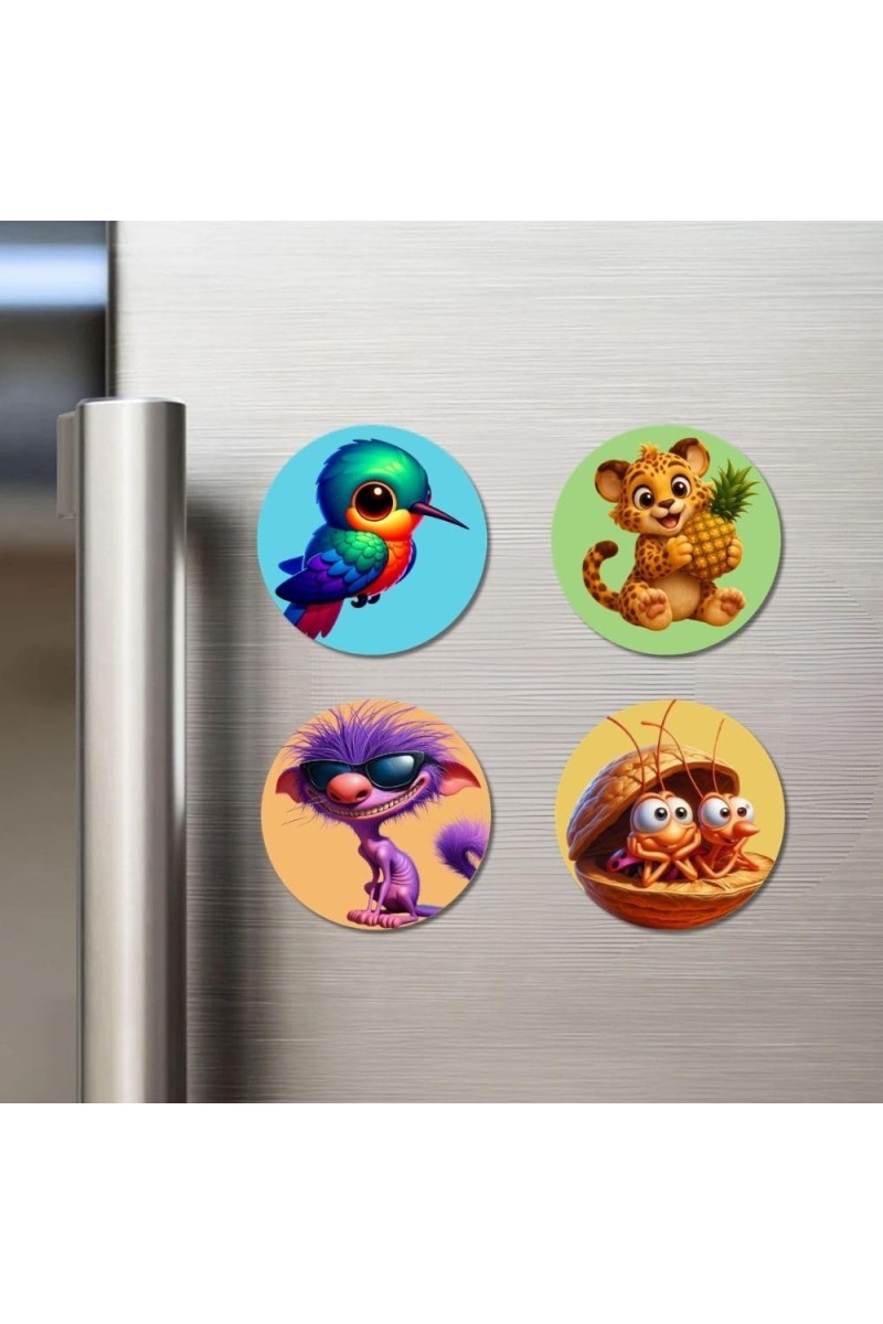Hummingbird, Leopard, Purple Creature, and Hermit Crabs. Fridge Magnets 4 Piece Set | 3 Inch Round Wall Fridge Decor (F22937)