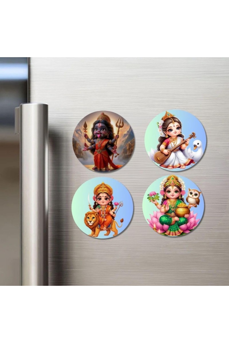Kali, Saraswati, Durga, and Lakshmi. Fridge Magnets 4 Piece Set | 3 Inch Round Wall Fridge Decor (F22841)