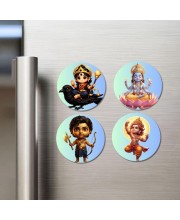 Shani Dev, Brahma, Ram, Hanuman Fridge Magnets 4 Piece Set | 3 Inch Round Wall Fridge Decor (F23221)