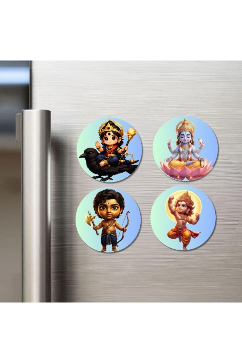 Shani Dev, Brahma, Ram, Hanuman Fridge Magnets 4 Piece Set | 3 Inch Round Wall Fridge Decor (F23221)