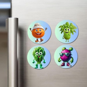 Orange, Celery, Spinach, Dragon Fruit Fridge Magnets 4 Piece Set | 3 Inch Round Wall Fridge Decor (F23298)