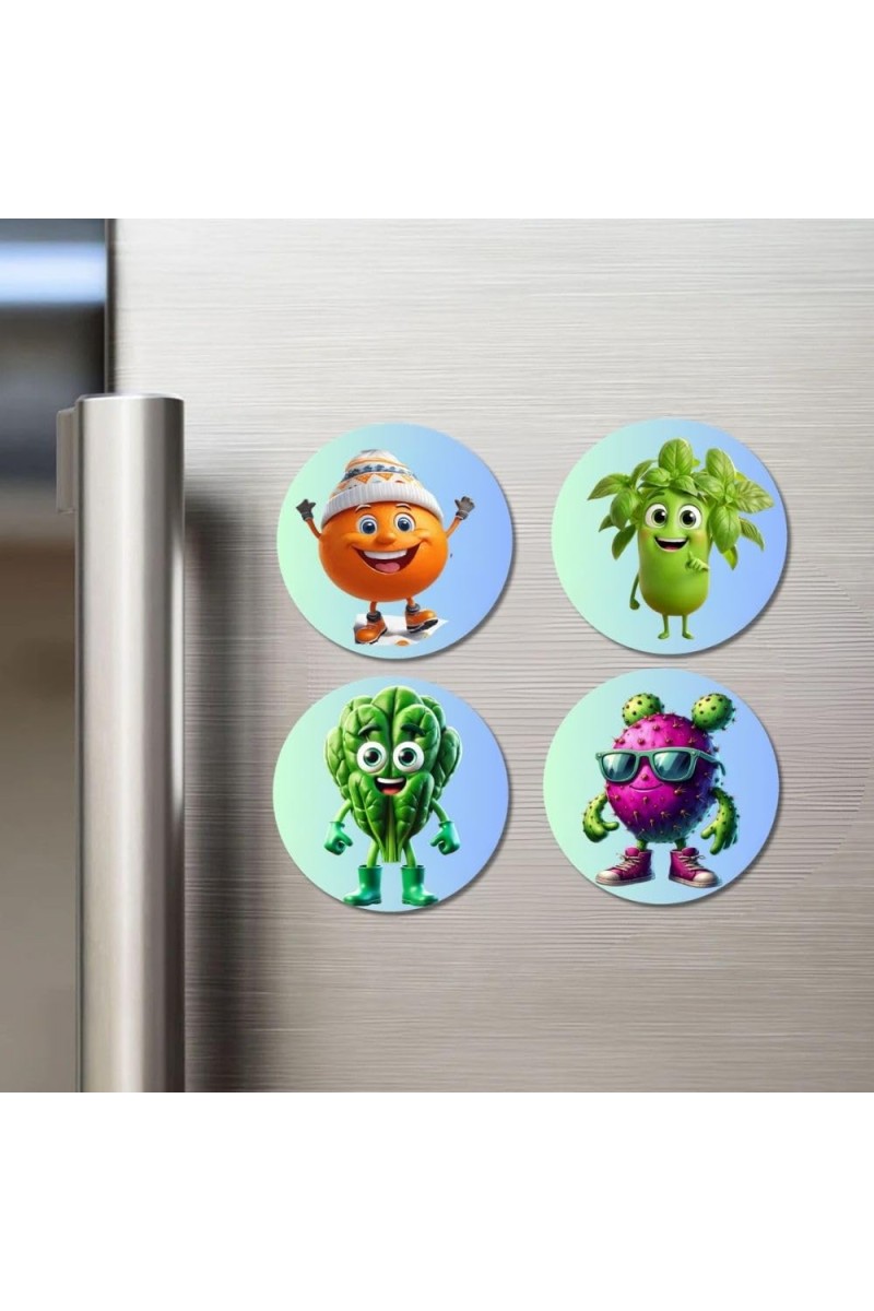 Orange, Celery, Spinach, Dragon Fruit Fridge Magnets 4 Piece Set | 3 Inch Round Wall Fridge Decor (F23298)