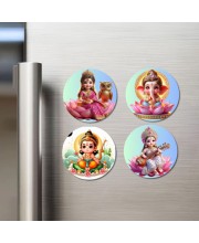 Lakshmi, Ganesha, Rama, and Saraswati. Fridge Magnets 4 Piece Set | 3 Inch Round Wall Fridge Decor (F22777)