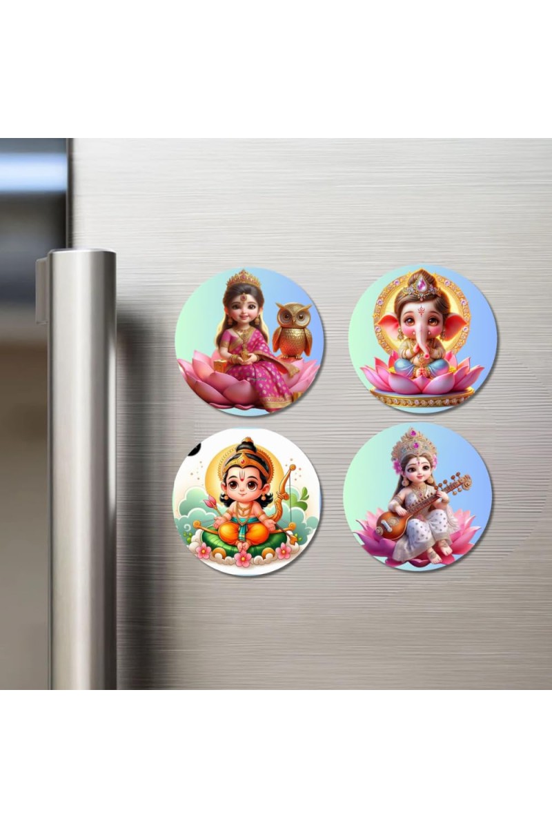 Lakshmi, Ganesha, Rama, and Saraswati. Fridge Magnets 4 Piece Set | 3 Inch Round Wall Fridge Decor (F22777)