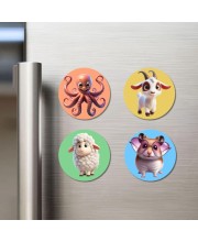 Octopus, Goat, Sheep, and Hamster. Fridge Magnets 4 Piece Set | 3 Inch Round Wall Fridge Decor (F22976)