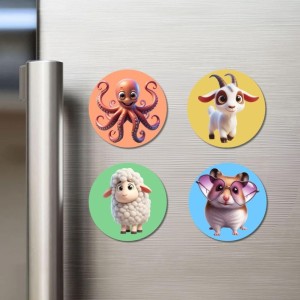 Octopus, Goat, Sheep, and Hamster. Fridge Magnets 4 Piece Set | 3 Inch Round Wall Fridge Decor (F22976)