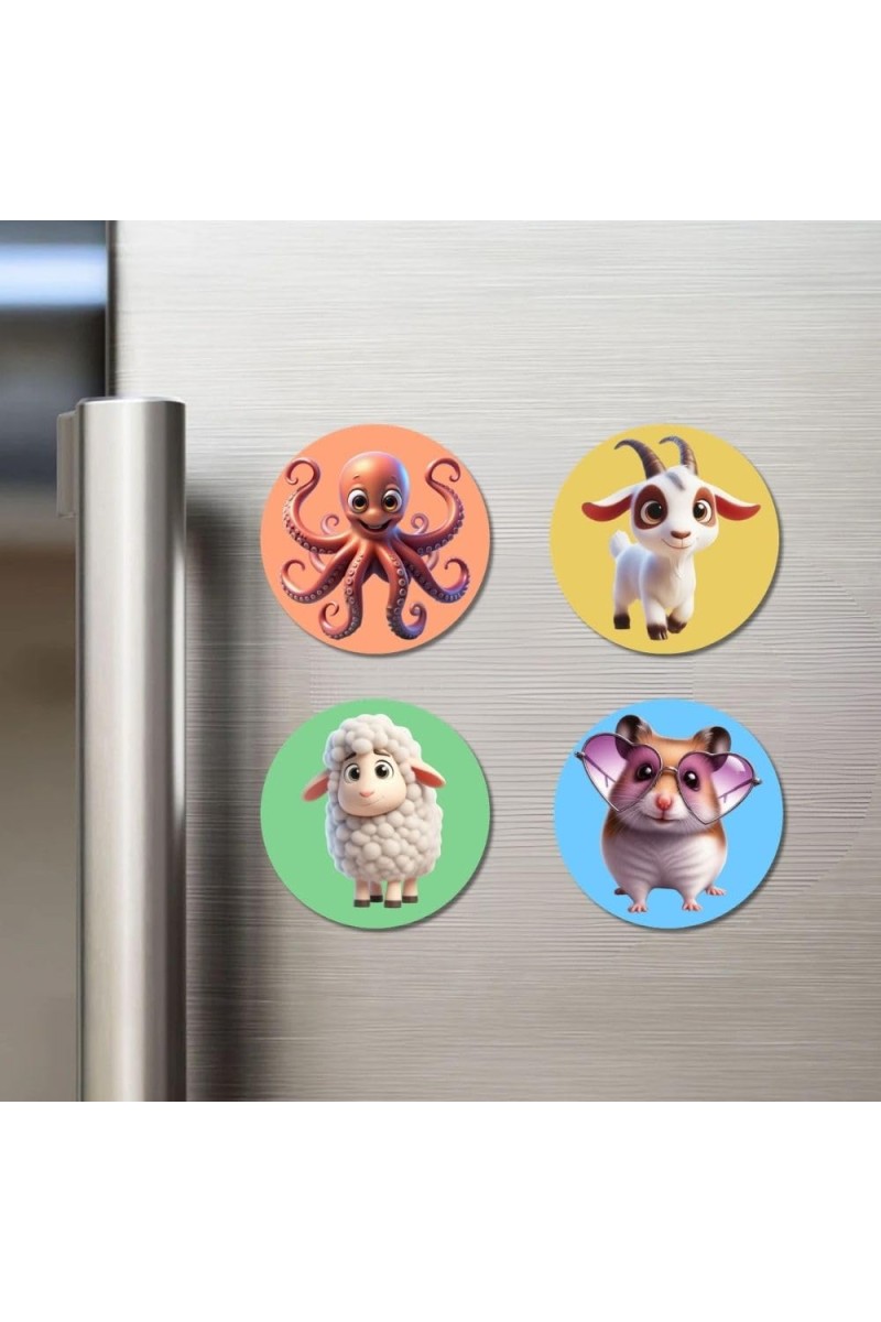 Octopus, Goat, Sheep, and Hamster. Fridge Magnets 4 Piece Set | 3 Inch Round Wall Fridge Decor (F22976)