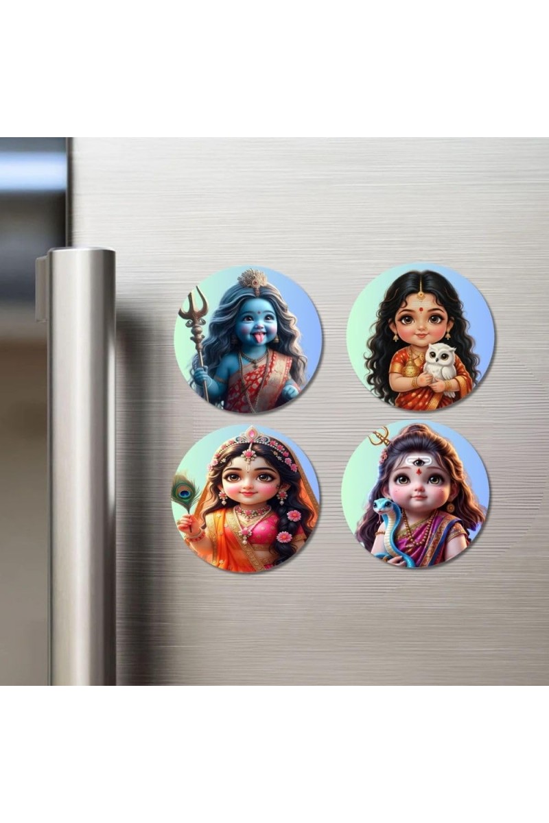 Maa Kali, Maa Lakshmi, Maa Radha, Maa Parvati Fridge Magnets 4 Piece Set | 3 Inch Round Wall Fridge Decor (F23186)