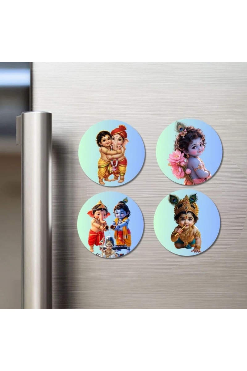 Shiva, Parvati, Ganesha, Kartikeya Fridge Magnets 4 Piece Set | 3 Inch Round Wall Fridge Decor (F23249)