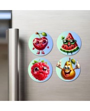 Cherry, Watermelon, Raspberry, Pear Fridge Magnets 4 Piece Set | 3 Inch Round Wall Fridge Decor (F23269)