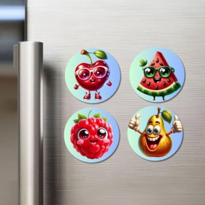 Cherry, Watermelon, Raspberry, Pear Fridge Magnets 4 Piece Set | 3 Inch Round Wall Fridge Decor (F23269)