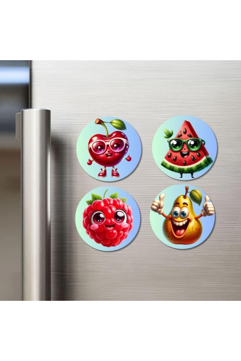 Cherry, Watermelon, Raspberry, Pear Fridge Magnets 4 Piece Set | 3 Inch Round Wall Fridge Decor (F23269)
