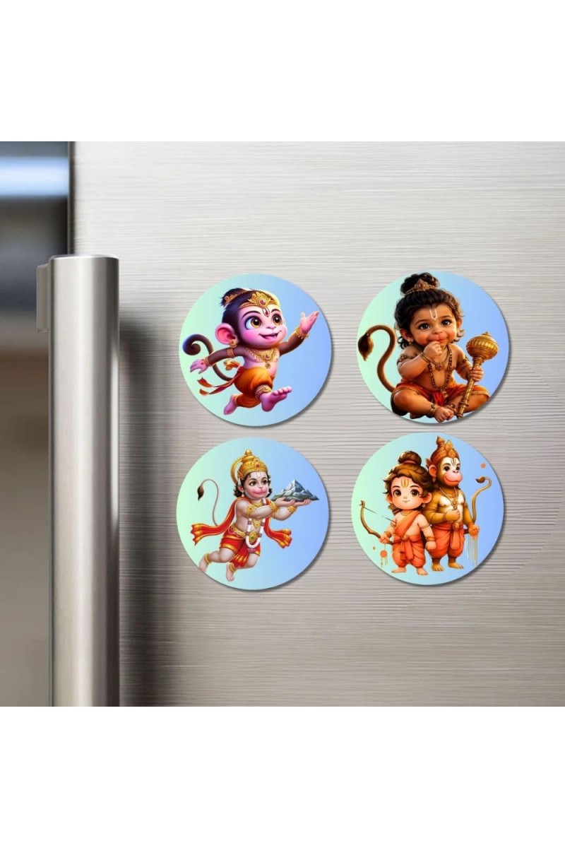 Hanuman and Rama. Fridge Magnets 4 Piece Set | 3 Inch Round Wall Fridge Decor (F23208)