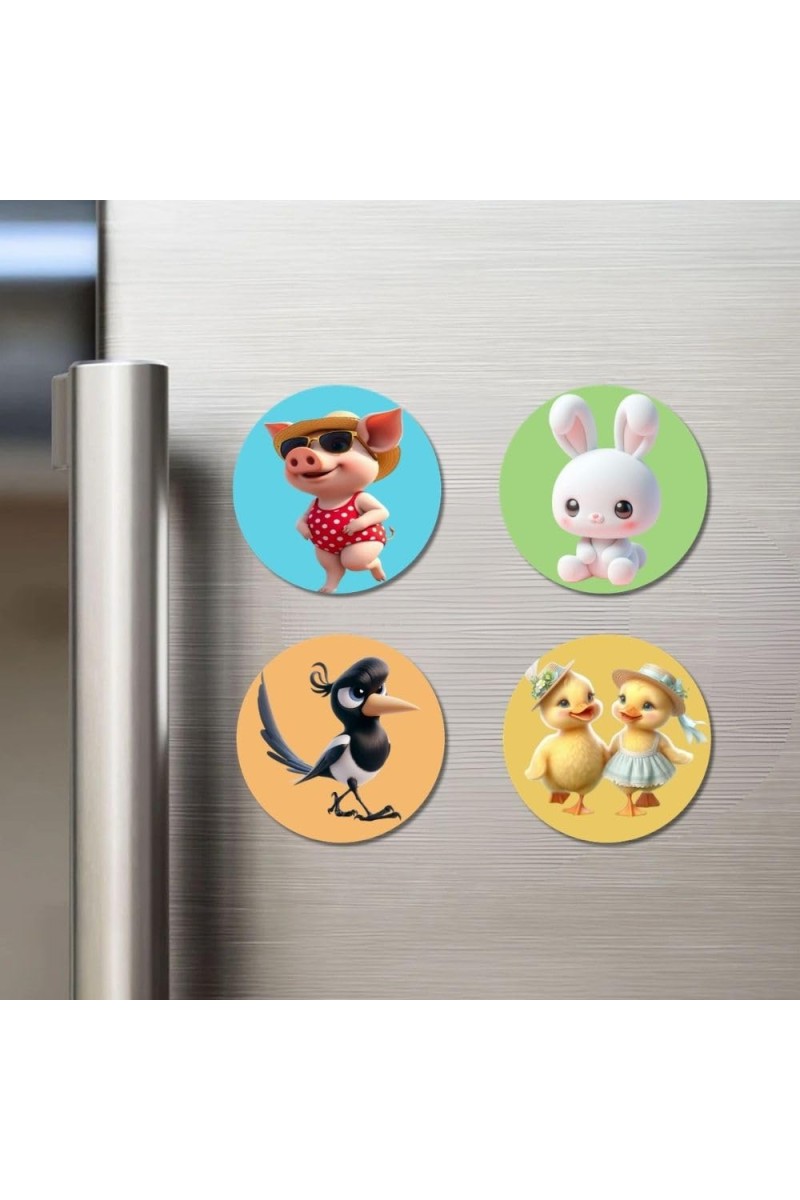 Pig, Rabbit, Magpie, and Ducklings. Fridge Magnets 4 Piece Set | 3 Inch Round Wall Fridge Decor (F22852)