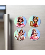 Krishna, Durga, Shiva, Saraswati Fridge Magnets 4 Piece Set | 3 Inch Round Wall Fridge Decor (F23172)