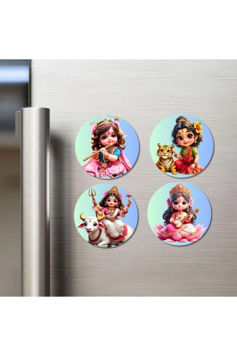 Krishna, Durga, Shiva, Saraswati Fridge Magnets 4 Piece Set | 3 Inch Round Wall Fridge Decor (F23172)