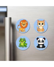 Lion, Cat, Frog, and Panda. Fridge Magnets 4 Piece Set | 3 Inch Round Wall Fridge Decor (F23051)