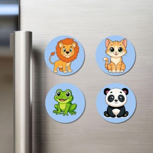 Lion, Cat, Frog, and Panda. Fridge Magnets 4 Piece Set | 3 Inch Round Wall Fridge Decor (F23051)