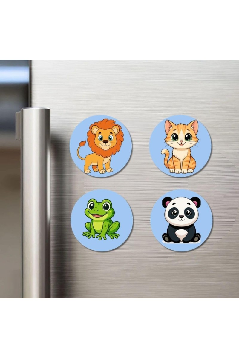 Lion, Cat, Frog, and Panda. Fridge Magnets 4 Piece Set | 3 Inch Round Wall Fridge Decor (F23051)