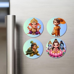 Ganesha, Vamana, Vishnu, and The Trimurti Fridge Magnets 4 Piece Set | 3 Inch Round Wall Fridge Decor (F22786)