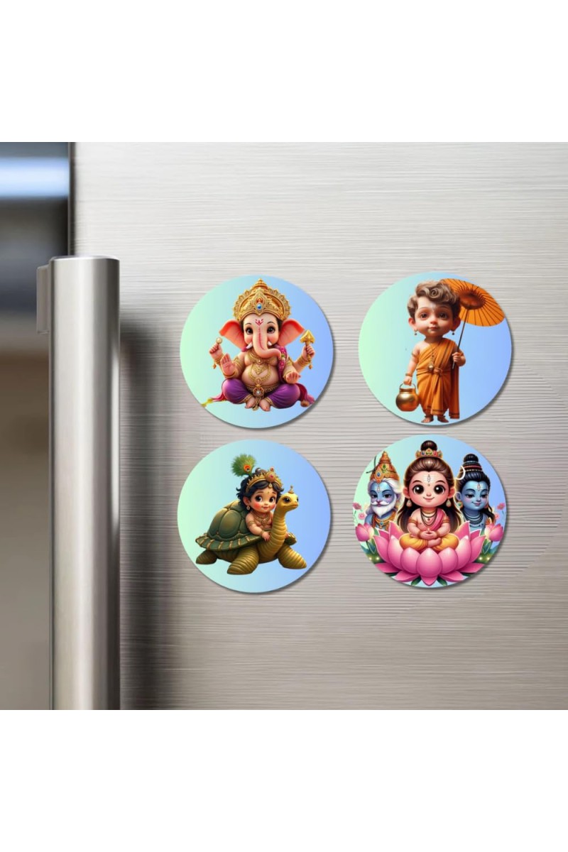 Ganesha, Vamana, Vishnu, and The Trimurti Fridge Magnets 4 Piece Set | 3 Inch Round Wall Fridge Decor (F22786)